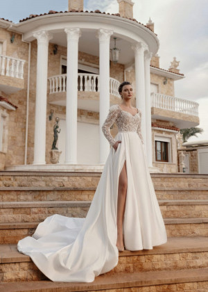 Long Sleeves Beaded Ivory Lace Satin Slit Simple Wedding Dress